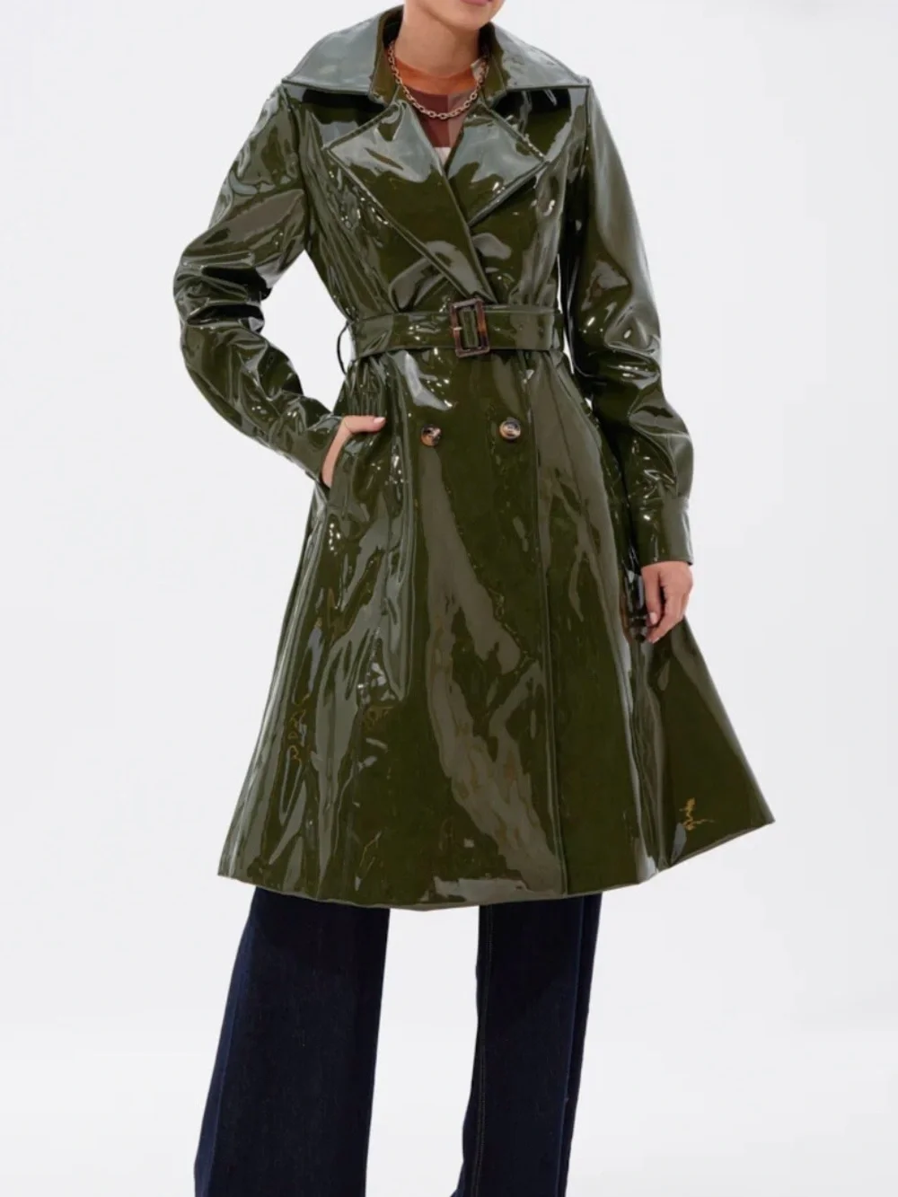 AKIRA MITICA PATENT TRENCH IN OLIVE Size LL - Picture 2 of 6